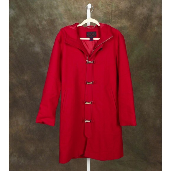 Ralph Lauren Tartan Label Red Wool Trench Coat Lobster Clasp Size L - Picture 1 of 4